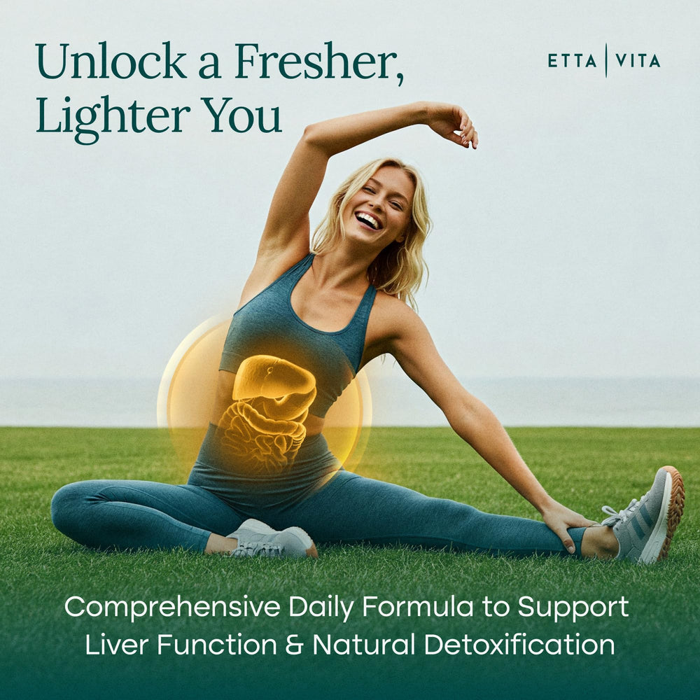Front label of Etta Vita Liver Cleanse showing Milk Thistle for liver support.