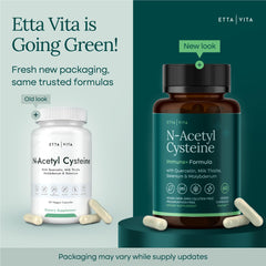 Etta Vita NAC capsules close-up highlighting 600mg dose with quercetin.