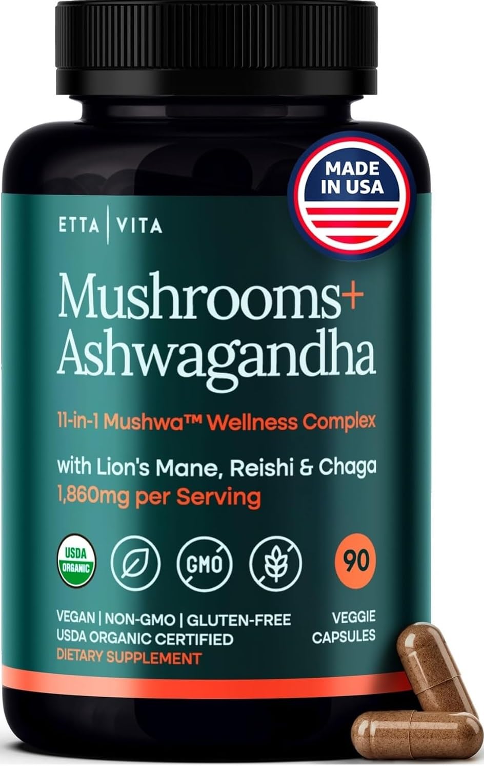 Etta Vita USDA Organic Lions Mane bottle with capsules for daily focus.