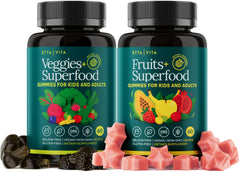 Etta Vita 120 Chews bottle with colorful fruits and veggies gummies for daily nutrition.
