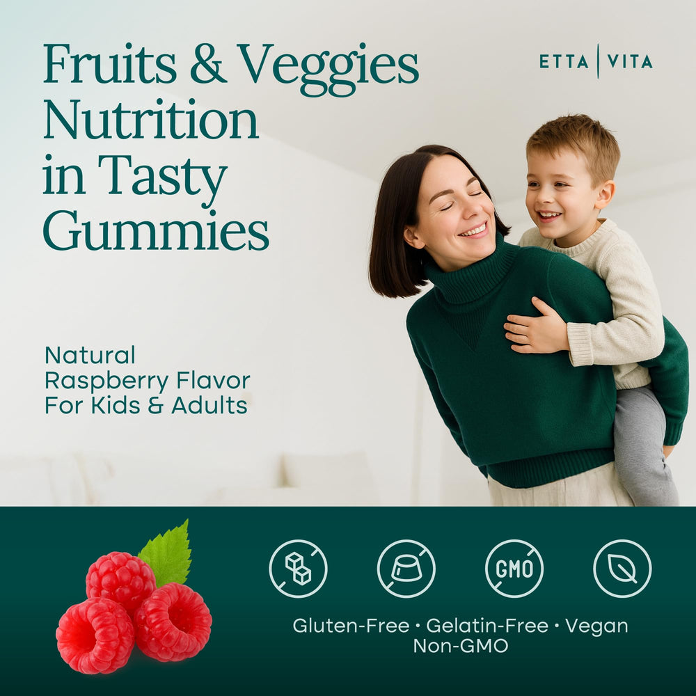 Etta Vita super greens gummies bottle close-up highlighting vibrant texture and flavor.
