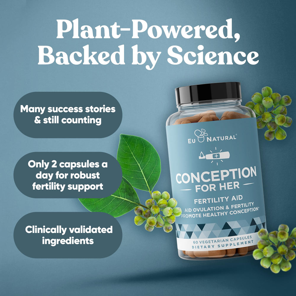 Eu Natural Conception for Her vegan capsules close-up, easy daily intake.