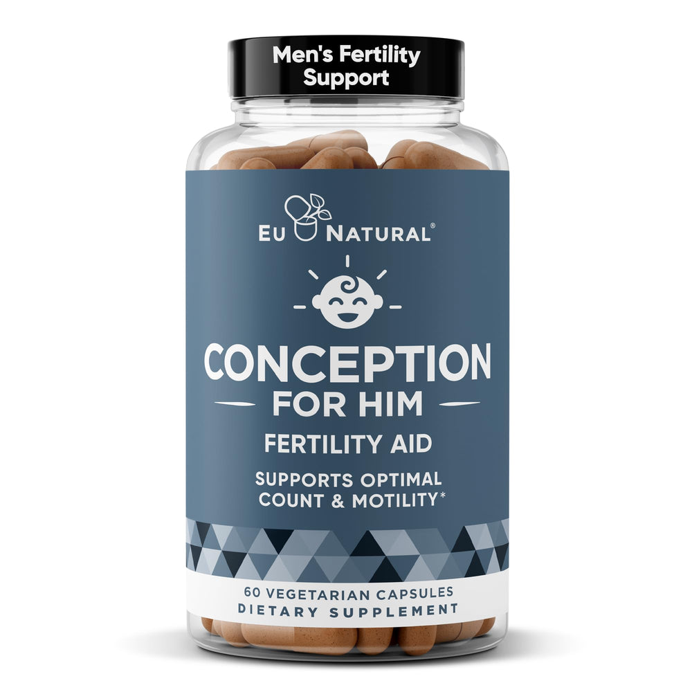 Eu Natural Conception for Him bottle front signals male fertility support in a convenient capsule.