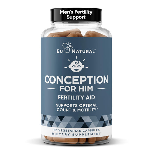 Eu Natural Conception for Him bottle front signals male fertility support in a convenient capsule.