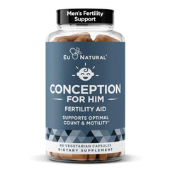Eu Natural Conception for Him bottle front signals male fertility support in a convenient capsule.