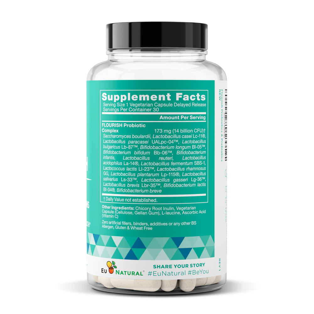 Balanced daily routine scene featuring Flourish Probiotics and healthy foods nearby.