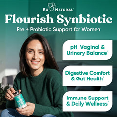 Close-up of Flourish Probiotics capsules highlighting compact, easy-to-swallow form for women's health.