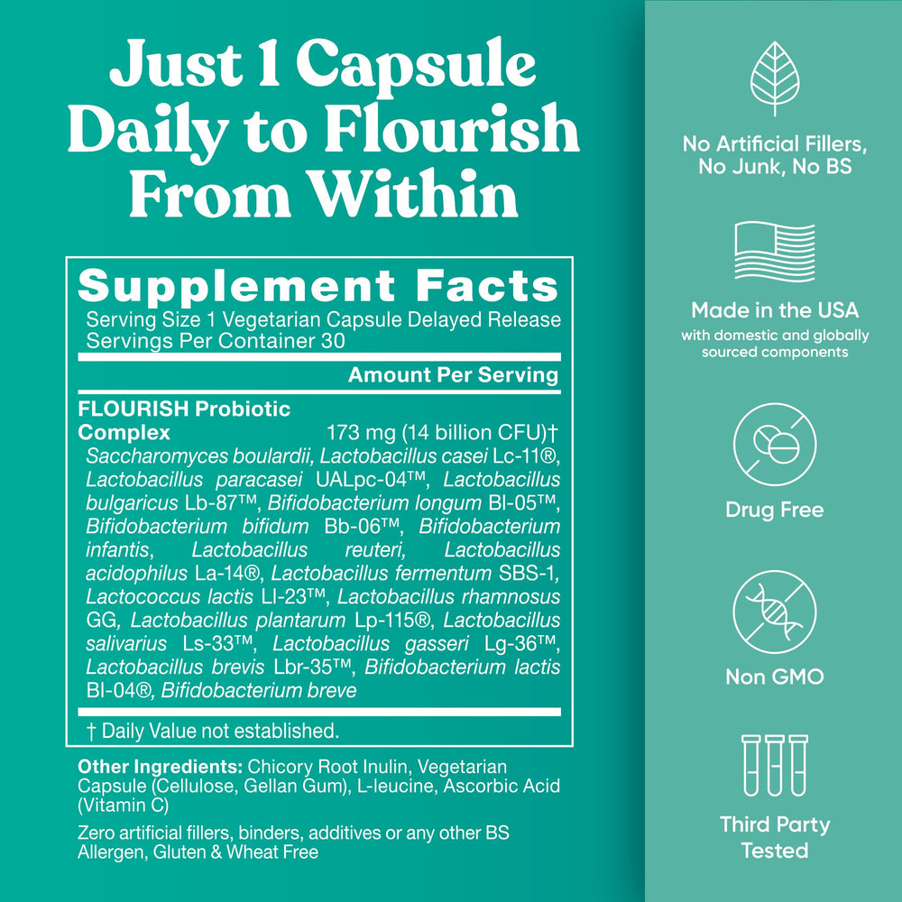 Label ingredients section on Flourish Probiotics for informed use.