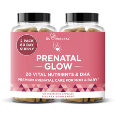 Eu Natural Glow Prenatal bottle front displays the 20-in-1 formula for prenatal support.