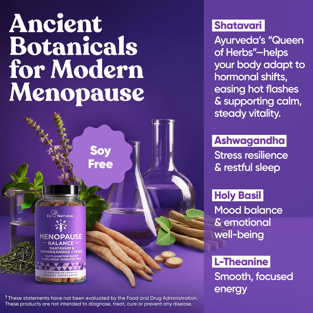 Eu Natural Menopause Balance bottle featuring shatavari ingredient highlight for plant-based menopause support.