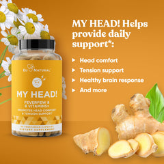Eu Natural My Head label highlights feverfew and magnesium ingredients