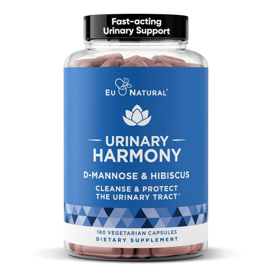 Eu Natural Urinary Harmony bottle and capsules on a white background for urinary wellness
