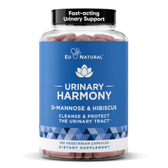 Eu Natural Urinary Harmony bottle and capsules on a white background for urinary wellness
