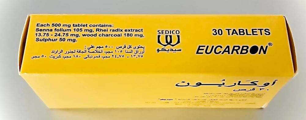 Eucarbon Tablets 30 bottle on countertop represents convenient constipation relief option.
