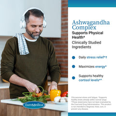 Herbal blend of Euromedica Ashwagandha Complex with rhodiola extract for focus.