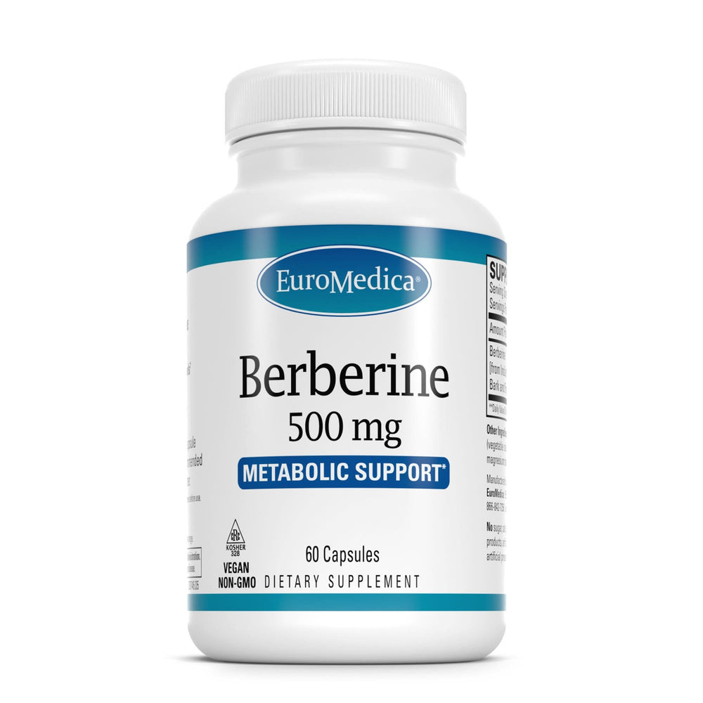 EuroMedica Berberine 500mg bottle front view for daily metabolic support.