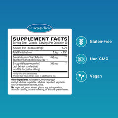Capsules closeup of EuroMedica Cognitive Health Plus highlighting vegan, non-GMO formula.
