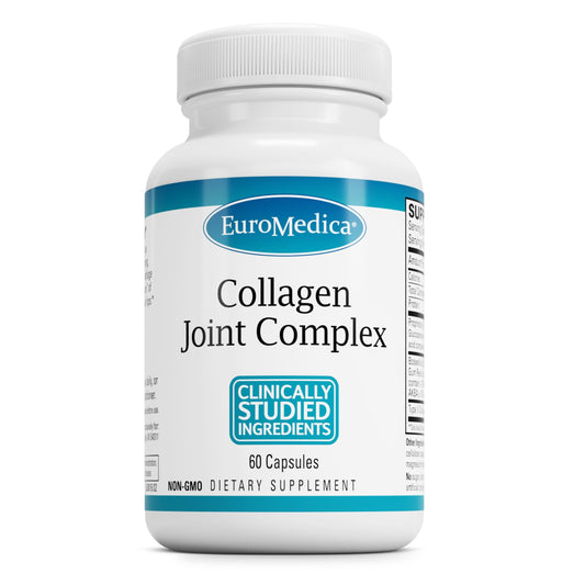 EuroMedica Collagen Joint Complex bottle with capsules supports joint flexibility.