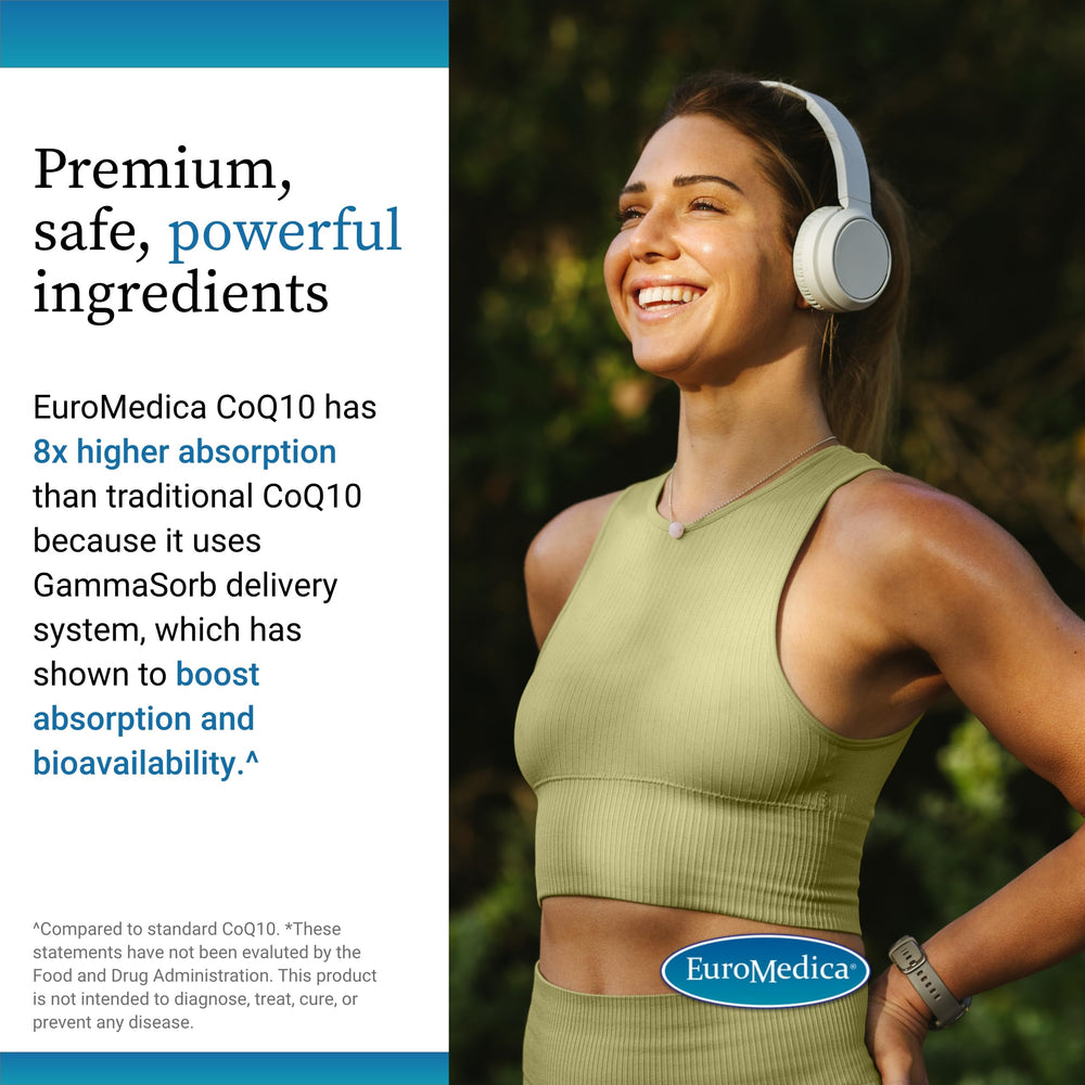 EuroMedica CoQ10 dietary supplement bottle on kitchen counter.