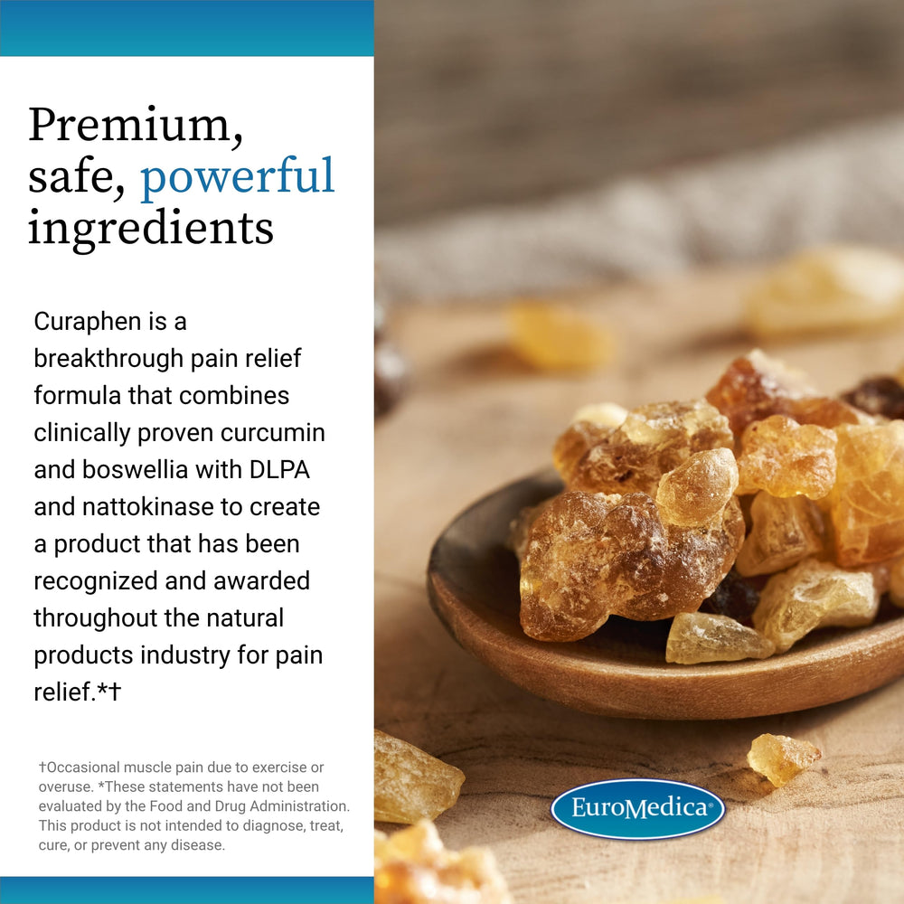 EuroMedica Curaphen label detail shows allergen-free formulation and clean ingredients.