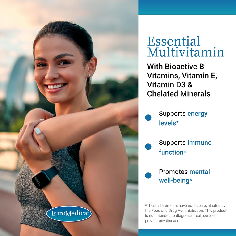 Close-up of EuroMedica Essential Multivitamin tablets for easy daily dosage
