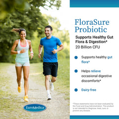 FloraSure label close-up shows Lactobacillus blend for gut balance.