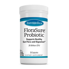 EuroMedica FloraSure probiotic bottle front view for daily gut health support.