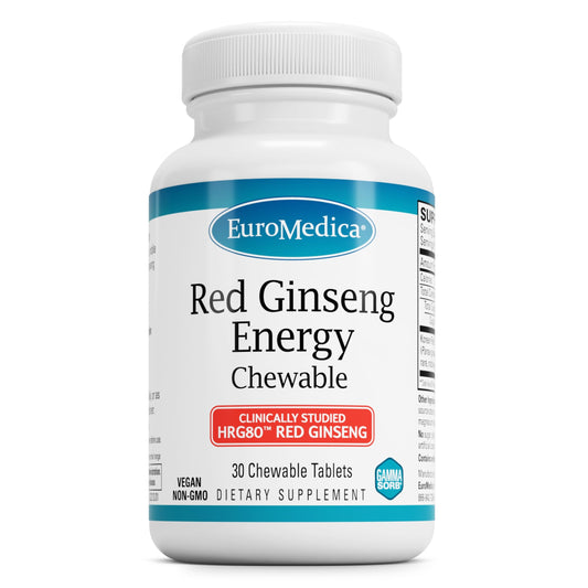 EuroMedica Red Ginseng Energy bottle label highlighting HRG80 ginseng for daily focus