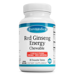 EuroMedica Red Ginseng Energy bottle label highlighting HRG80 ginseng for daily focus