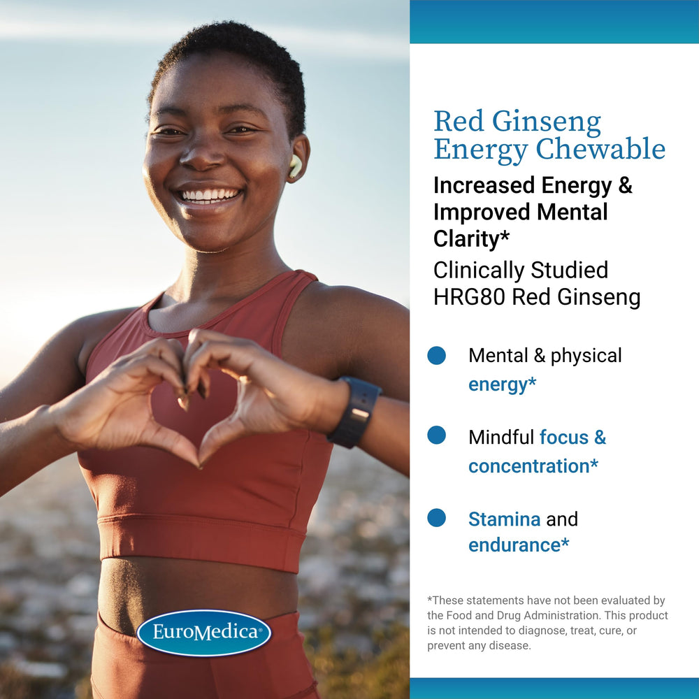 Front of EuroMedica Red Ginseng Energy package showing vegan and allergen-friendly features