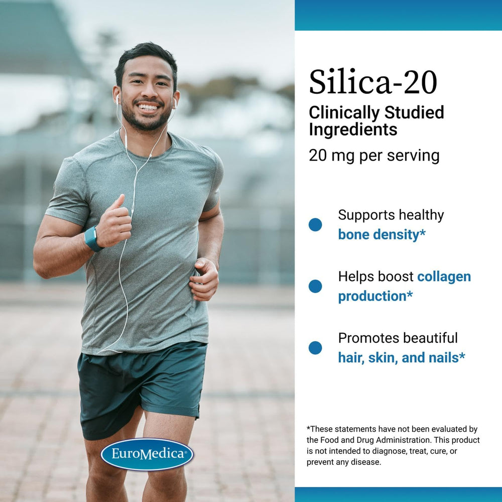 EuroMedica Silica-20 bottle front with clean labeling and allergen-friendly promise