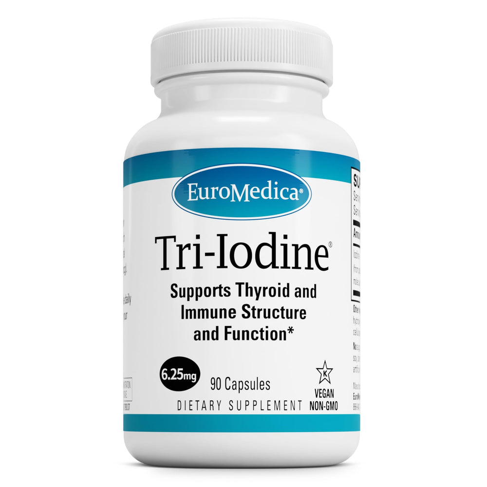 EuroMedica Tri-Iodine bottle and label signaling thyroid support potential.