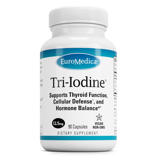 EuroMedica Tri-Iodine bottle shows triple-iodine formula for thyroid support.