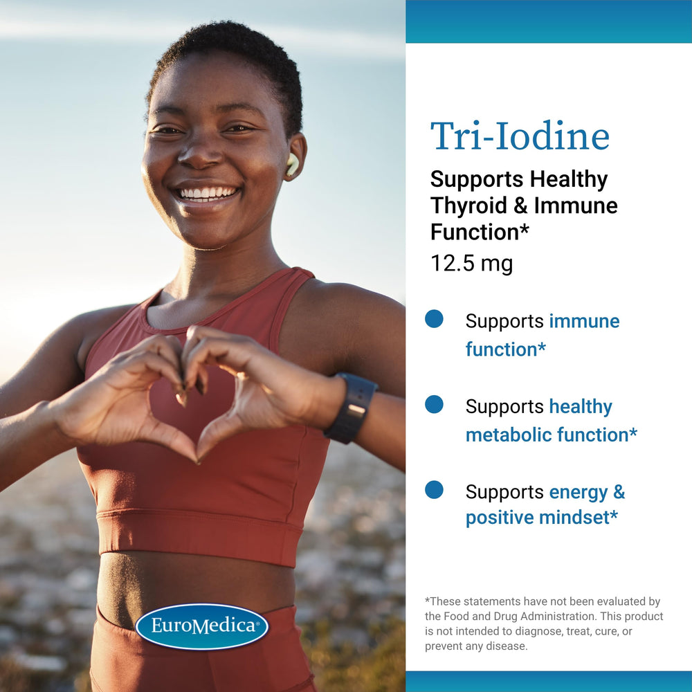 EuroMedica Tri-Iodine label highlights three iodine forms for balanced health.