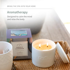 European Spa Source French Lavender candle gift box on display, ready for gifting.