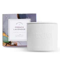European Spa Source French Lavender candle close-up with calming aroma for home spa.