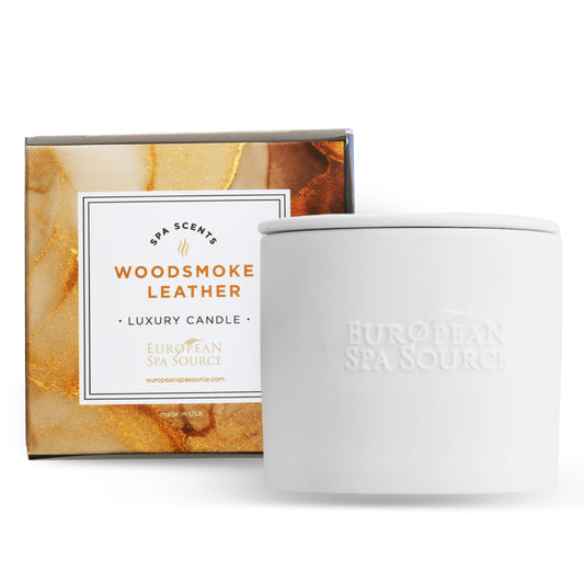 European Spa Source Woodsmoke Leather Candle packaging for a premium gift presentation.