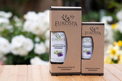 EuroSpa Aromatics lavender-infused eucalyptus bottle highlights calming aromatherapy for shower sessions.