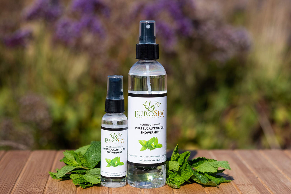 EuroSpa Aromatics menthol-infused eucalyptus oil bottle for a refreshing steam routine.
