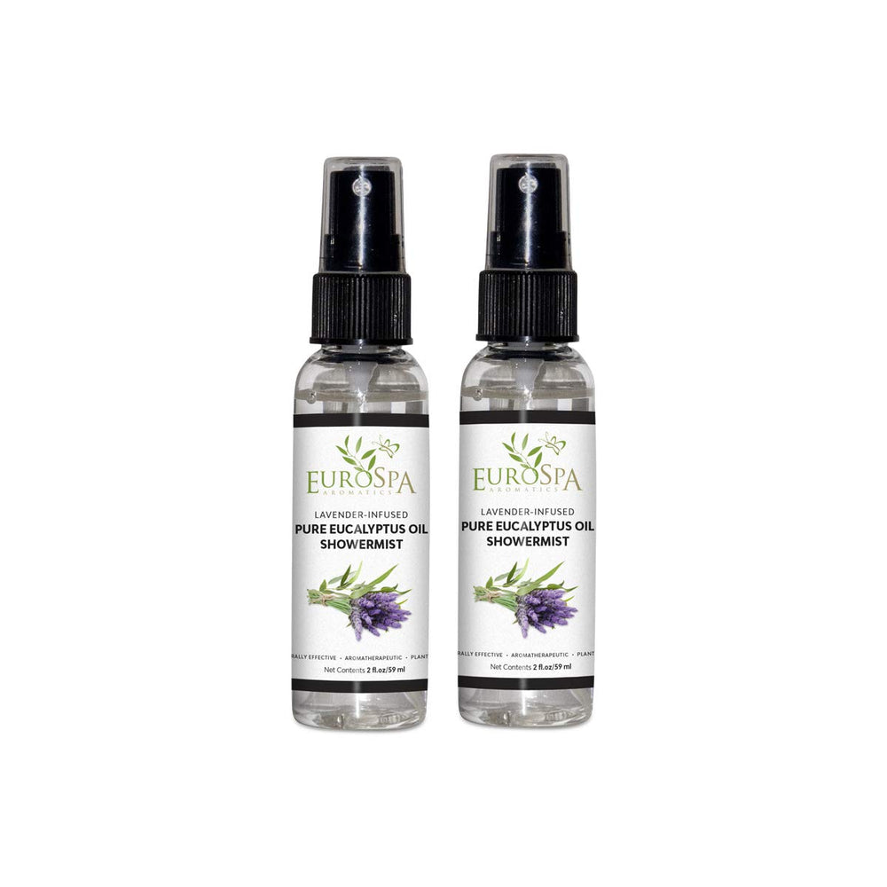 EuroSpa Aromatics pure eucalyptus oil showermist bottle ready for at-home spa aromatherapy.
