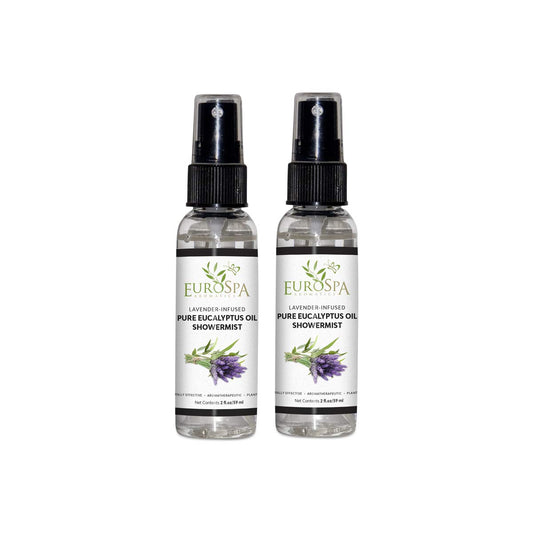 EuroSpa Aromatics pure eucalyptus oil showermist bottle ready for at-home spa aromatherapy.
