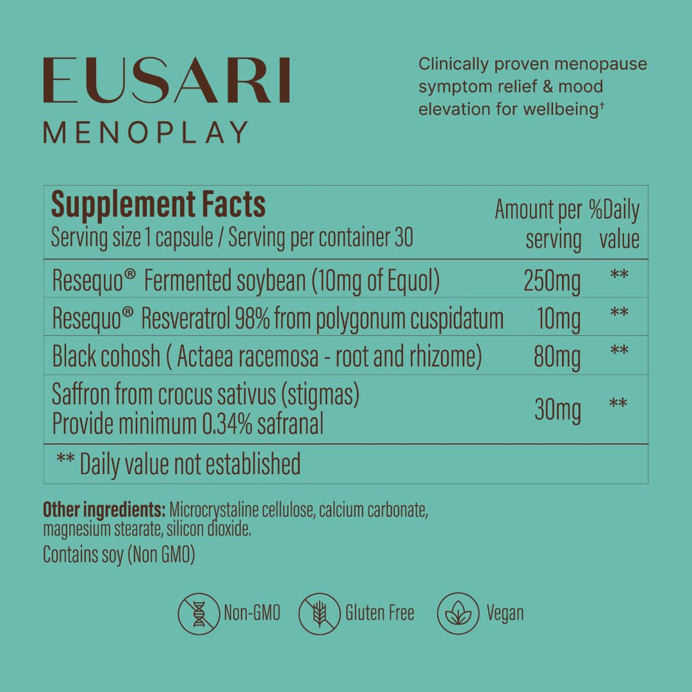 Eusari Menoplay label notes vegan and non-GMO formulation.