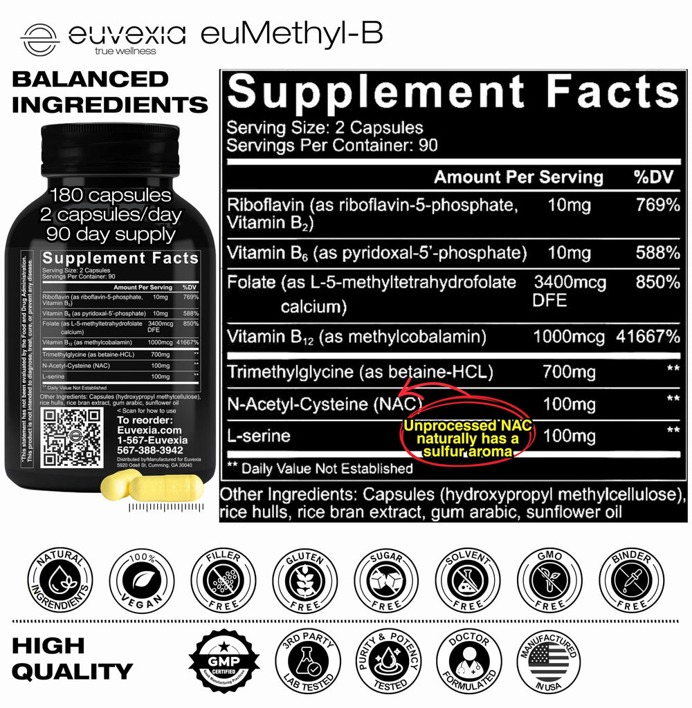 Euvexia euMethyl-B NAC and L-serine aiding detox and neurotransmitter support