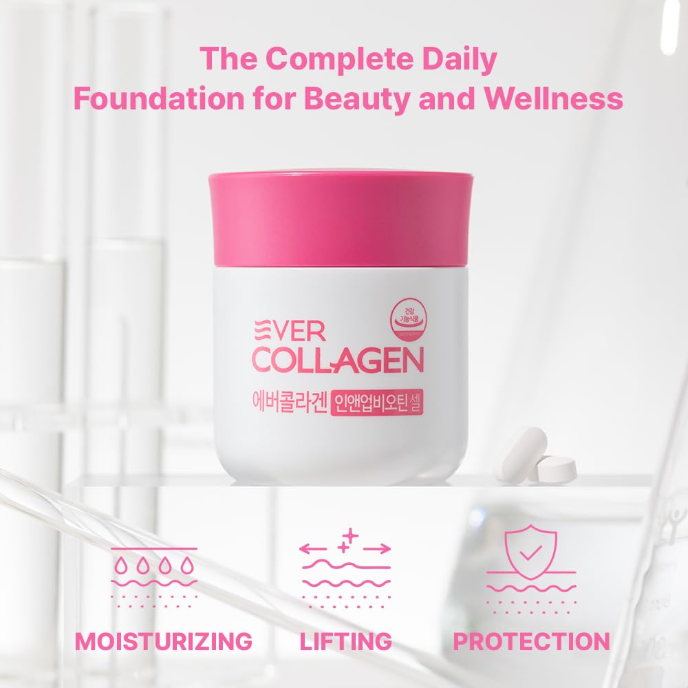 Ever Collagen Time bottle on wooden surface, suitable for daily skincare routine.