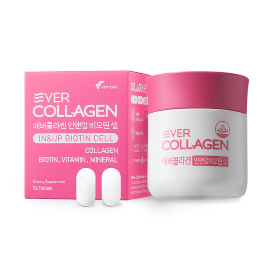 Ever Collagen Time bottle and tablets on white, promoting skin, hair, and nail wellness.