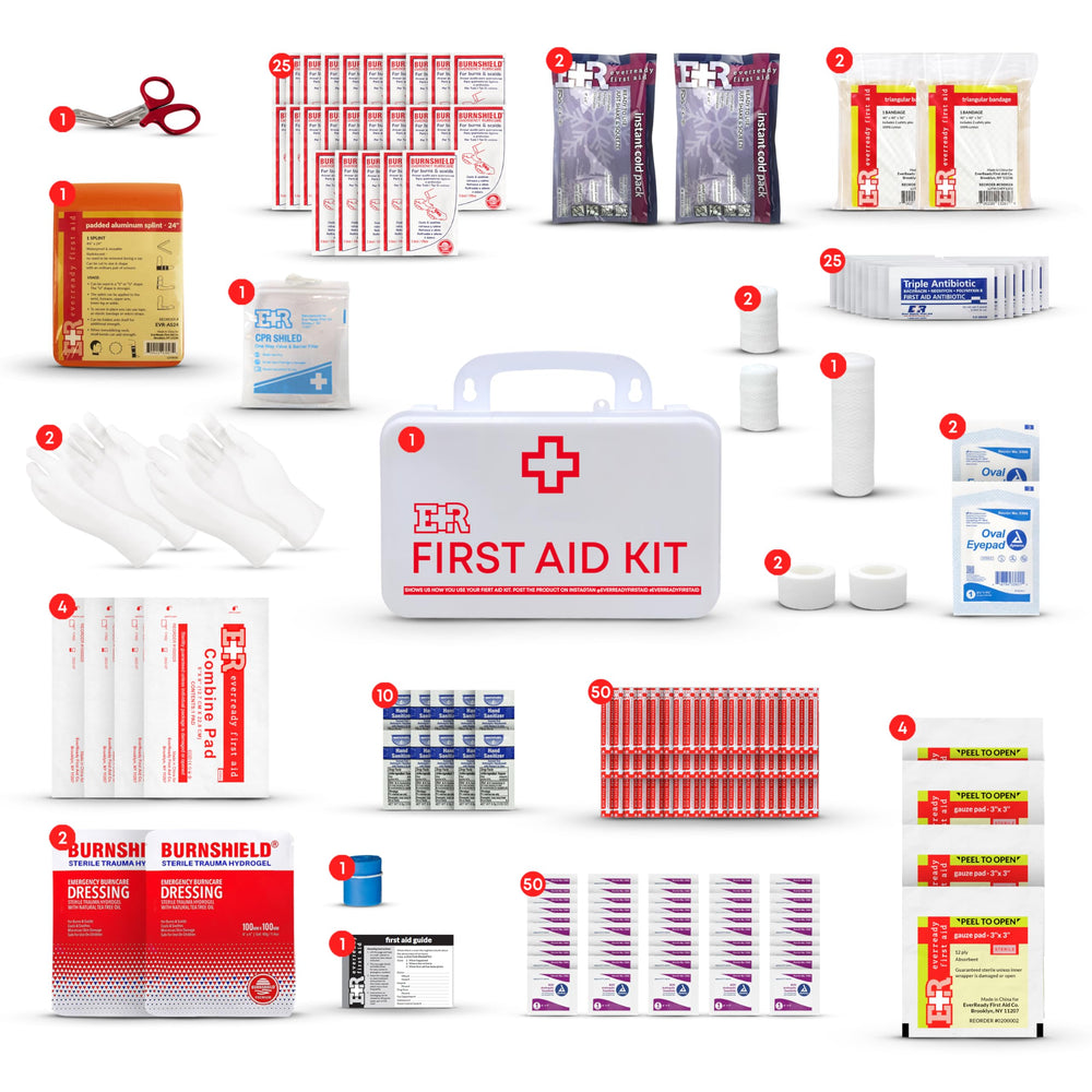 CPR, eye care, and burn supplies included in the kit