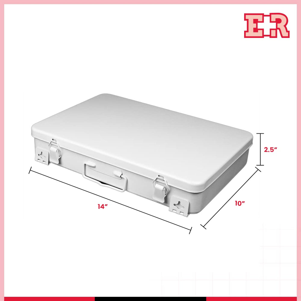 Ever Ready First Aid metal case No.36 compact dimensions describe portable, convenient safety storage.