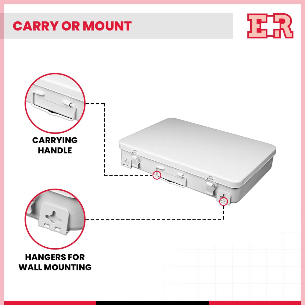 Ever Ready First Aid metal case No.36 wall-mount hanger image emphasizes space-saving setup.
