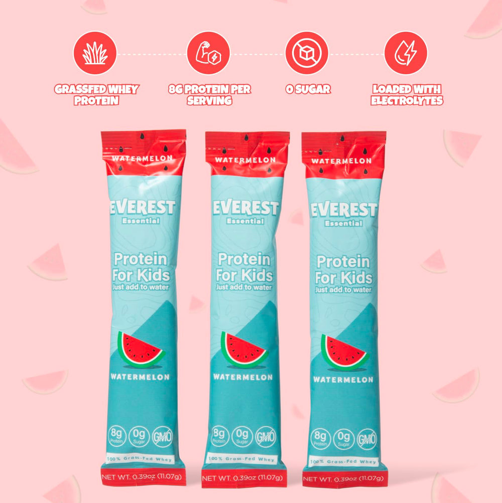 Everest Essential Kids Clear Whey Watermelon served in glass, refreshing nutrition during snack time.