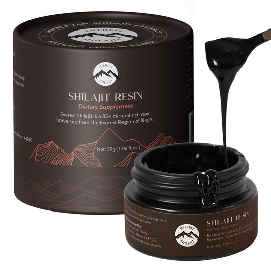 Everest Shilajit Resin jar close-up showing rich texture for daily vitality